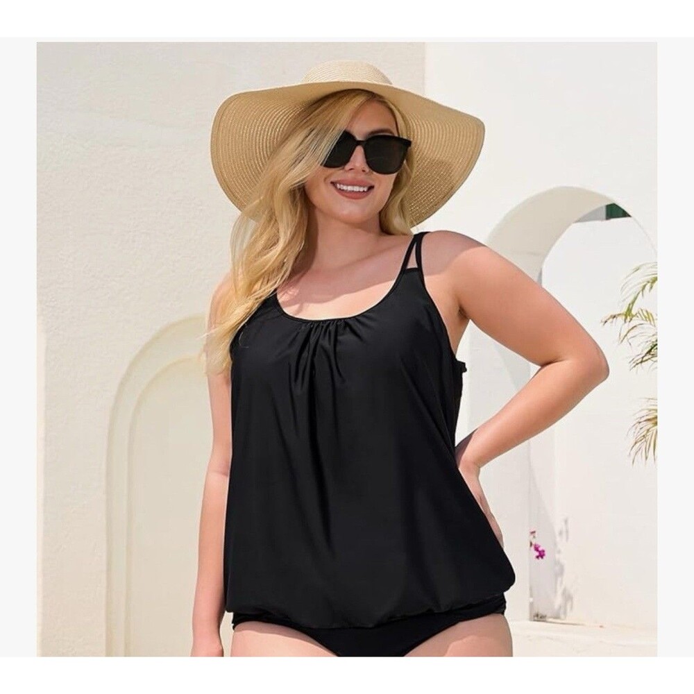Ocean Blues Plus Size 3xL Tankini Top Only Loose Fit Blouson Tankini  black